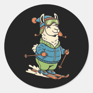 Cute Llama Skier Alpine Winter Snow Mountain Skiin Classic Round Sticker