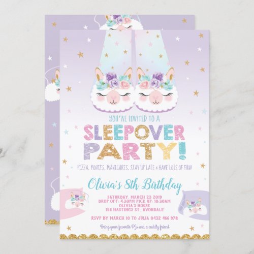 Cute Llama Sleepover Birthday Party Girls Slumber Invitation