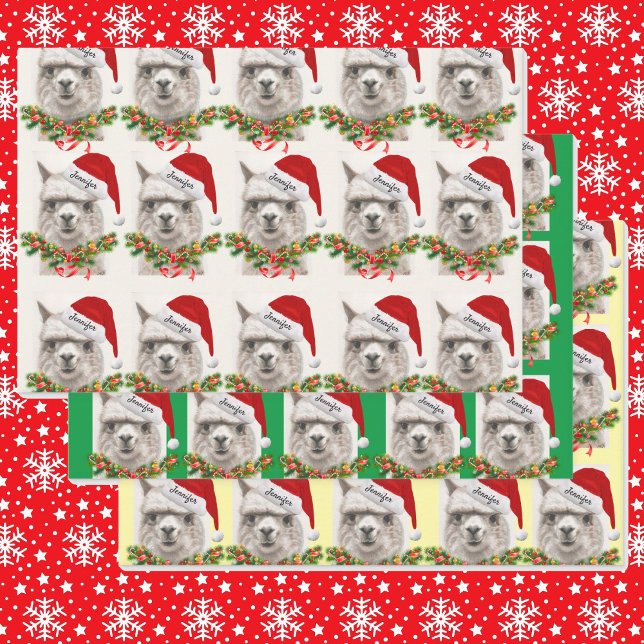 Cute Llama Smiles Santa Hat Your Name Christmas Wrapping Paper Sheets (Creator Uploaded)