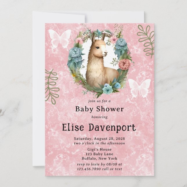 Cute Llama Succulent Floral Girl Baby Shower Invitation (Front)