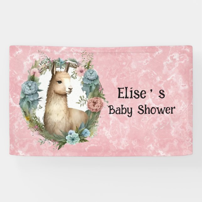 Cute Llama Succulent Floral Wreath Baby Shower Banner (Horizontal)