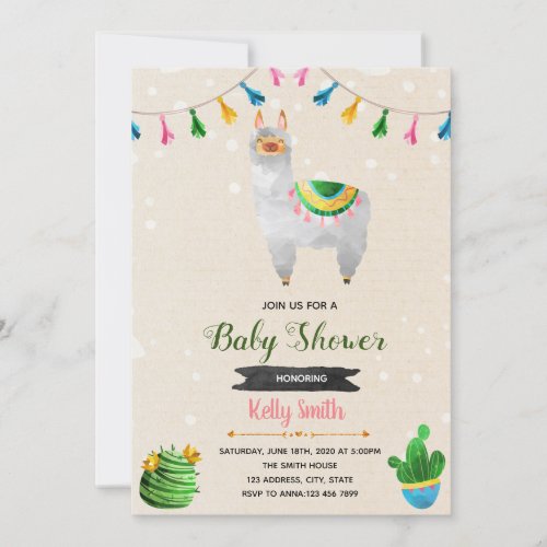Cute llama theme baby shower invitation