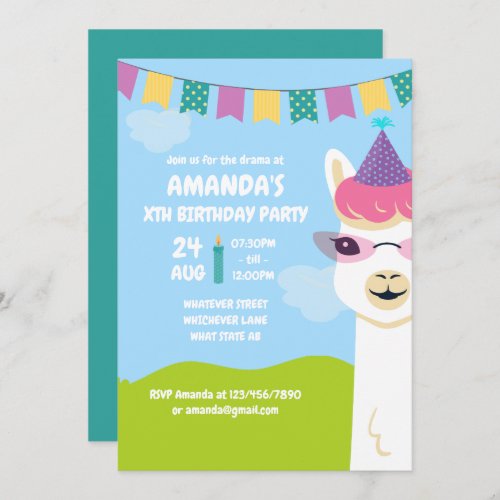 Cute Llama themed Kids Birthday Party invitation