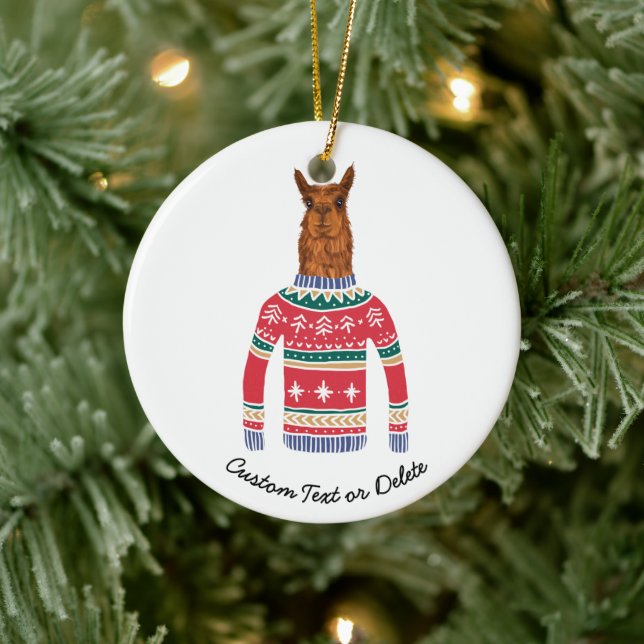 Cute Llama wearing Funny Ugly Christmas Sweater Ceramic Ornament (Tree)