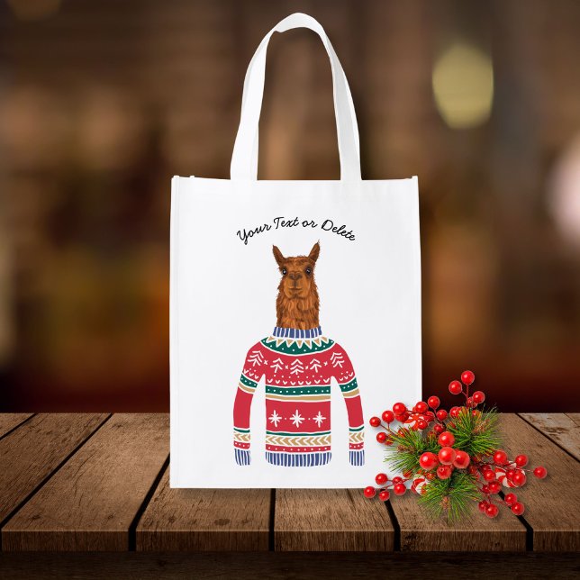 Cute Llama Wearing Funny Ugly Christmas Sweater Grocery Bag (Creator Uploaded)