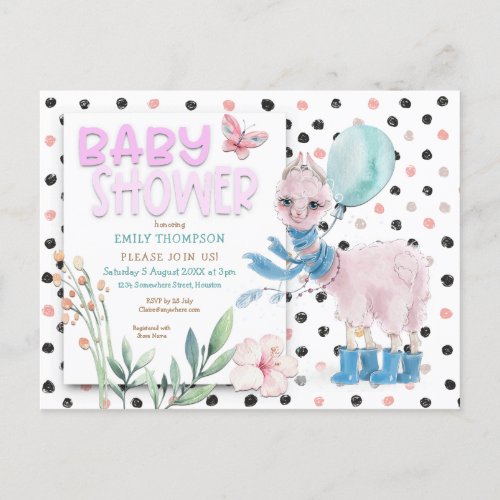 Cute Llama Wellies Dots Pink Baby Shower Invitation Postcard