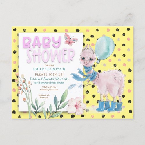 Cute Llama Wellies Dots Pink Baby Shower Yellow Invitation Postcard