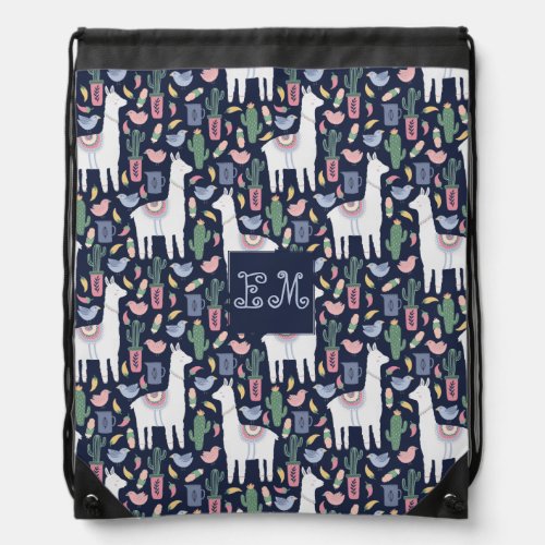Cute Llama Whimsical Botanical Pattern Drawstring Bag
