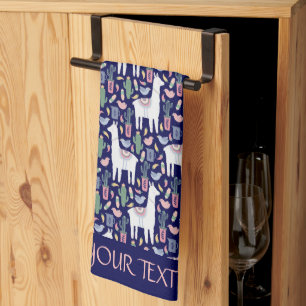 Cute Llama Whimsical Botanical Pattern Kitchen Towel