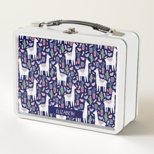 Cute Llama Whimsical Botanical Pattern Metal Lunch Box