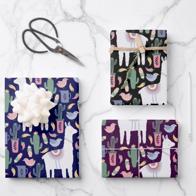 Cute Llama Whimsical Botanical Pattern Wrapping Paper Sheets (Front)