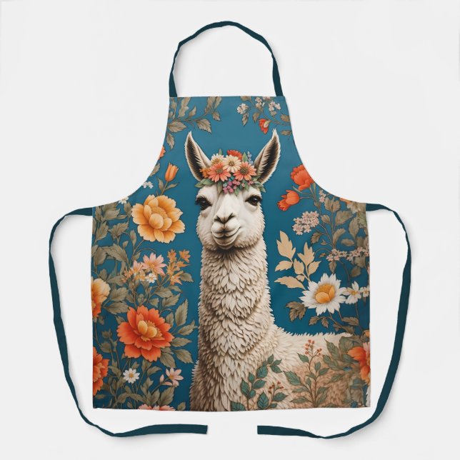 Cute Llama William Morris Inspired Floral Apron (Front)