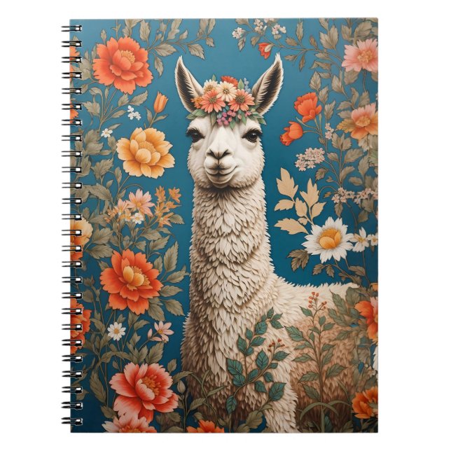 Cute Llama William Morris Inspired Floral Notebook (Front)