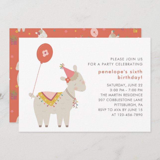 Cute Llama with Balloon Birthday Party Invitation (Front/Back)
