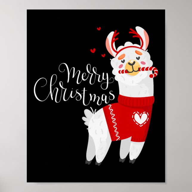 Cute Llama With Candy Cane Merry Christmas  Poster (Front)