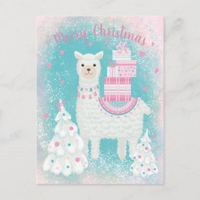 Cute Llama with Christmas Gifts Postcard (Front)
