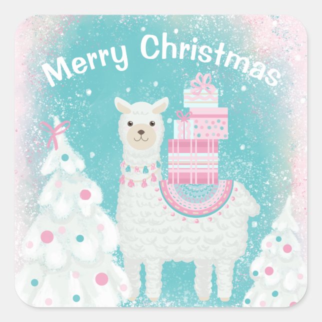 Cute Llama with Christmas Gifts Square Sticker (Front)