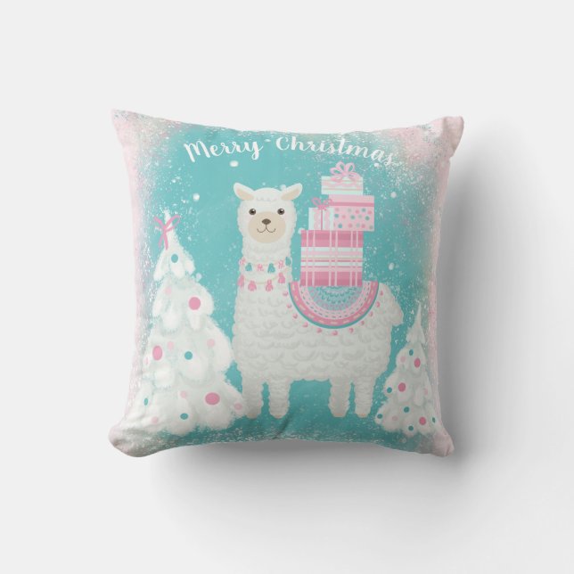 Cute Llama with Christmas Gifts Throw Pillow (Front)