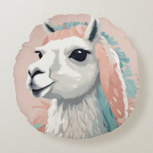Cute Llama with Colorful Fur on its Head Round Pillow