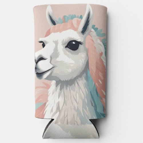 Cute Llama with Colorful Fur on its Head Seltzer Can Cooler