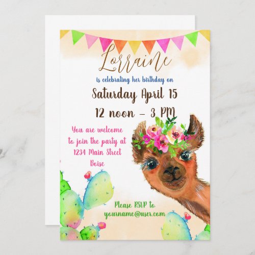 Cute Llama with flowers and cactus custom kids Invitation