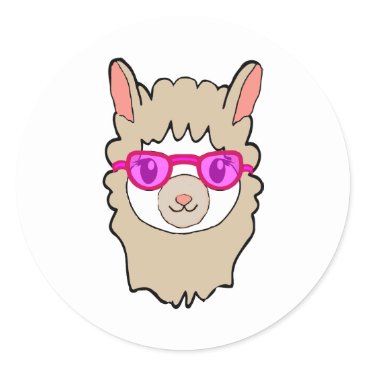 Cute Llama With Glasses Drawing Classic Round Sticker