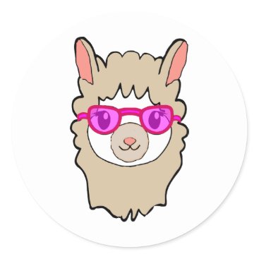 Cute Llama With Glasses Drawing Classic Round Sticker Cute Llama With Glasses Drawing Classic Round Sticker