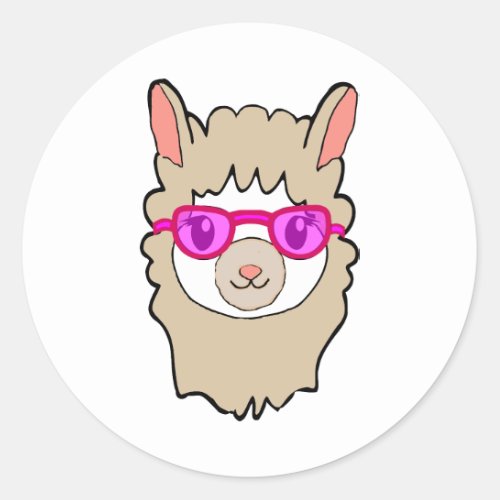 Cute Llama With Glasses Drawing Classic Round Sticker