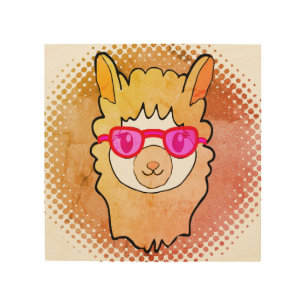 Cute Llama With Glasses Drawing Wood Wall Art