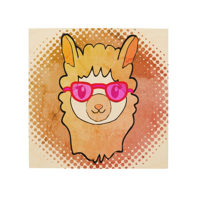 Cute Llama With Glasses Drawing Wood Wall Art (Front)