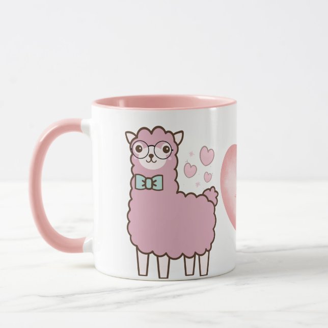 Cute Llama With Pink Hearts Girly Name Monogram  Mug (Left)