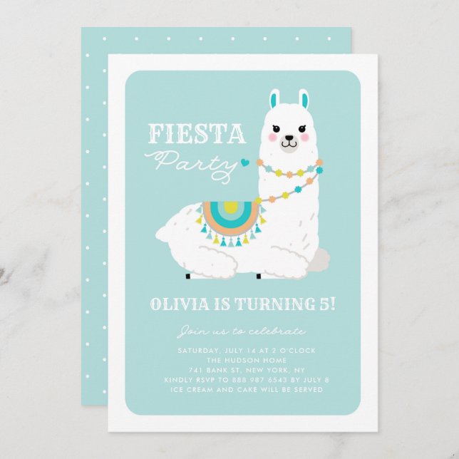Cute Llama with Pom Poms Blue Fiesta Kids Birthday Invitation (Front/Back)