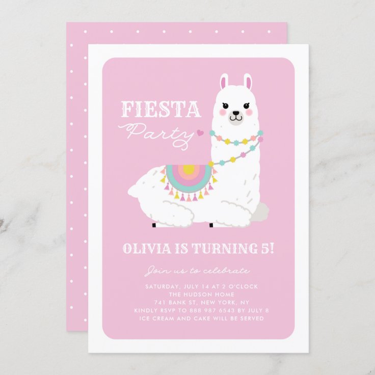 Cute Llama with Pom Poms Pink Fiesta Kids Birthday Invitation | Zazzle