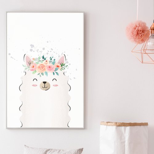 Cute Llama with Watercolor Flowers Nursery Poster