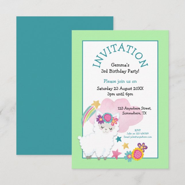 Cute Llama Young Child Birthday Party Pale Green Invitation (Front/Back)