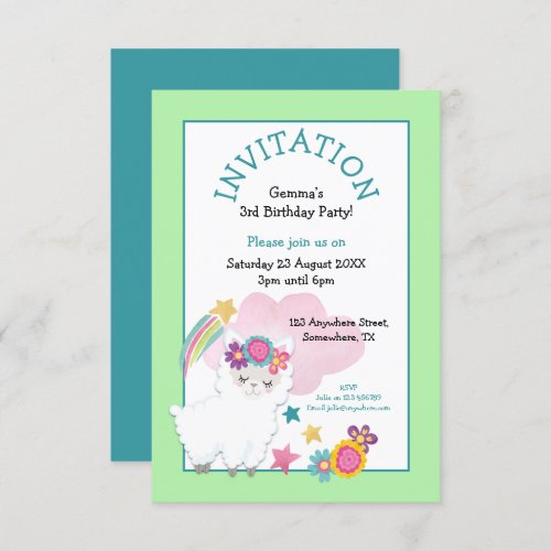 Cute Llama Young Child Birthday Party Pale Green Invitation