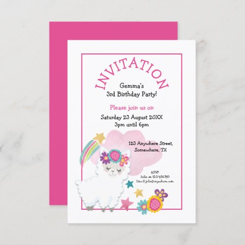 Cute Llama Young Child Birthday Party Pink Invitation