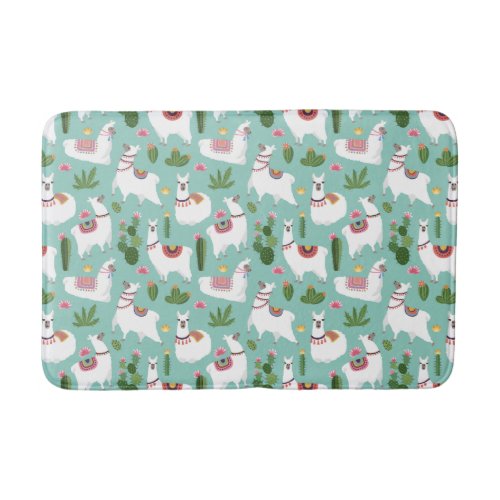 Cute Llamas On Teal Pattern Bath Mat