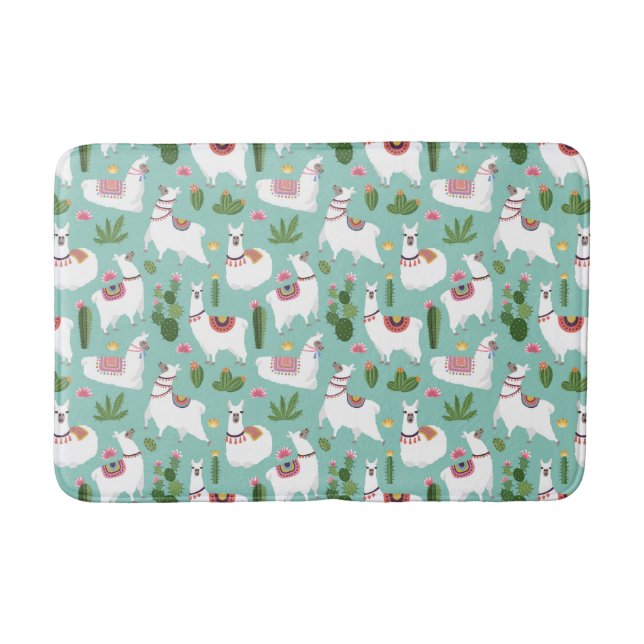 Cute Llamas On Teal Pattern Bath Mat (Front)
