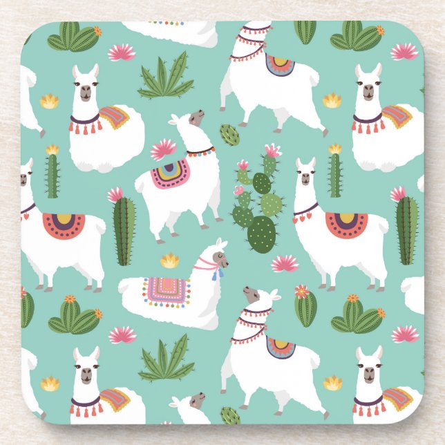 Cute Llamas On Teal Pattern Beverage Coaster (Front)