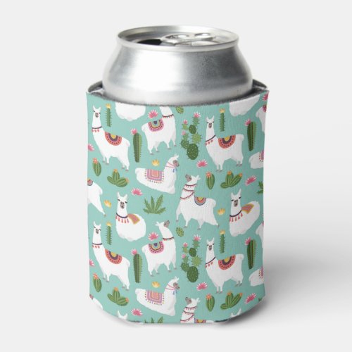 Cute Llamas On Teal Pattern Can Cooler