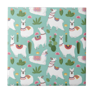 Cute Llamas On Teal Pattern Ceramic Tile