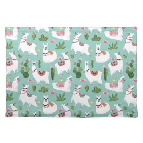 Cute Llamas On Teal Pattern Cloth Placemat