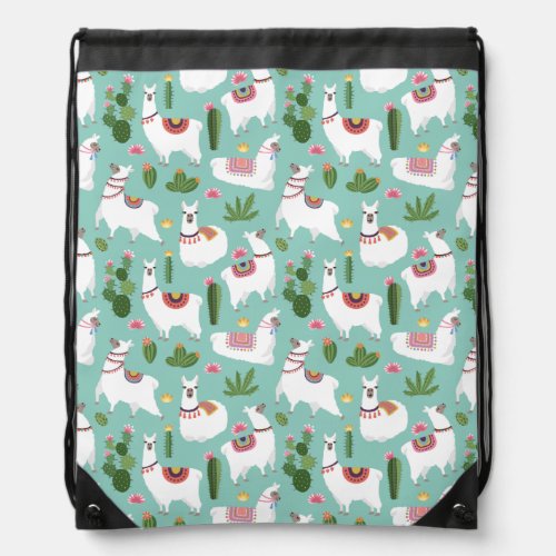 Cute Llamas On Teal Pattern Drawstring Bag