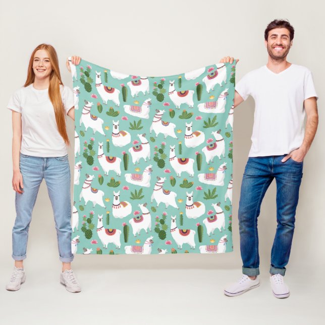Cute Llamas On Teal Pattern Fleece Blanket (In Situ)