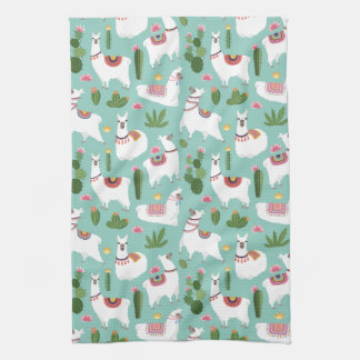 Cute Llamas On Teal Pattern Kitchen Towel