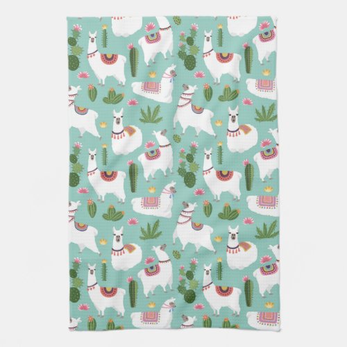 Cute Llamas On Teal Pattern Kitchen Towel