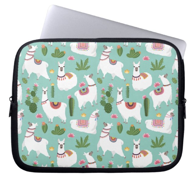 Cute Llamas On Teal Pattern Laptop Sleeve (Front)