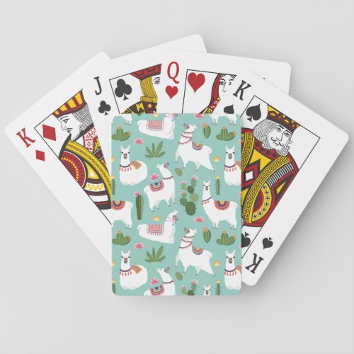 Cute Llamas On Teal Pattern Poker Cards