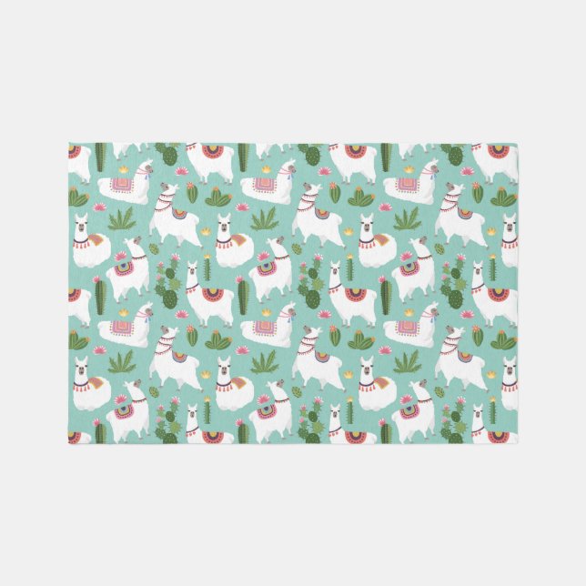 Cute Llamas On Teal Pattern Rug (Front)